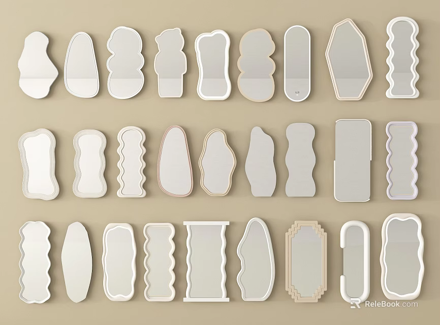 Mirrors in Various Shapes with Different Frame Designs Arranged on Beige Background 3d model 