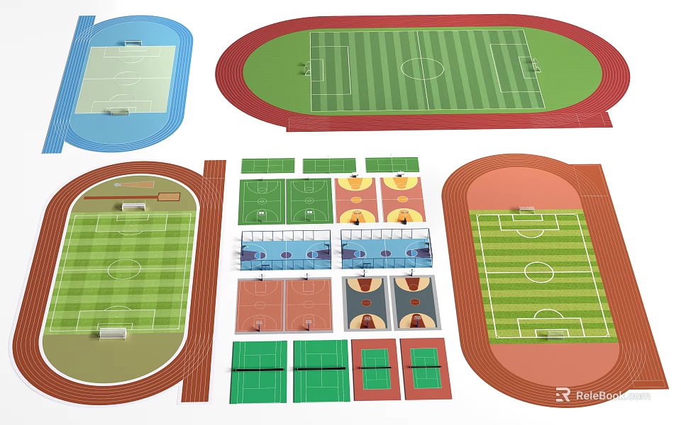 Diverse Soccer Field Layouts With Running Tracks And Green Turf Surfaces 3d model 