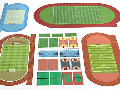 Diverse Soccer Field Layouts With Running Tracks And Green Turf Surfaces 3d model