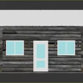 Traditional Log Cabin With White Roof Blue Door And Glass Windows