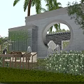Traditional Scenic Garden Wall with Circular Opening Bamboo Greenery and Wooden Furniture