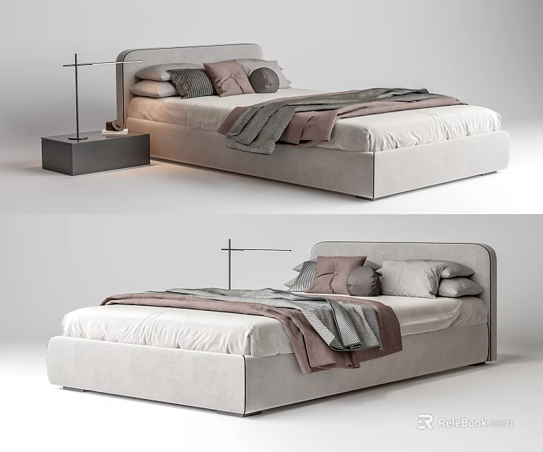 Modern Upholstered Double Bed With Gray Bedding Pillows And Blanket Matching Nightstand And Table Lamp 3d model 