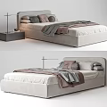Modern Upholstered Double Bed With Gray Bedding Pillows And Blanket Matching Nightstand And Table Lamp
