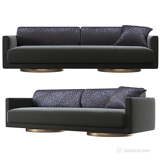 Black Sectional Sofa with Patterned Cushions and Gold Round Base Modern Interior Design 3d model