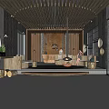 Warm Natural Hotel Lobby Interior With Wooden Ceiling Fireplace And Sofas 3d model