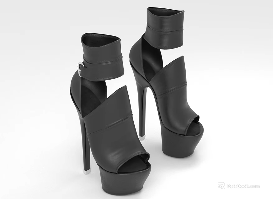 Stylish Black High Heel Shoes With Platform Ankle Strap And Peep Toe Design 3d model 