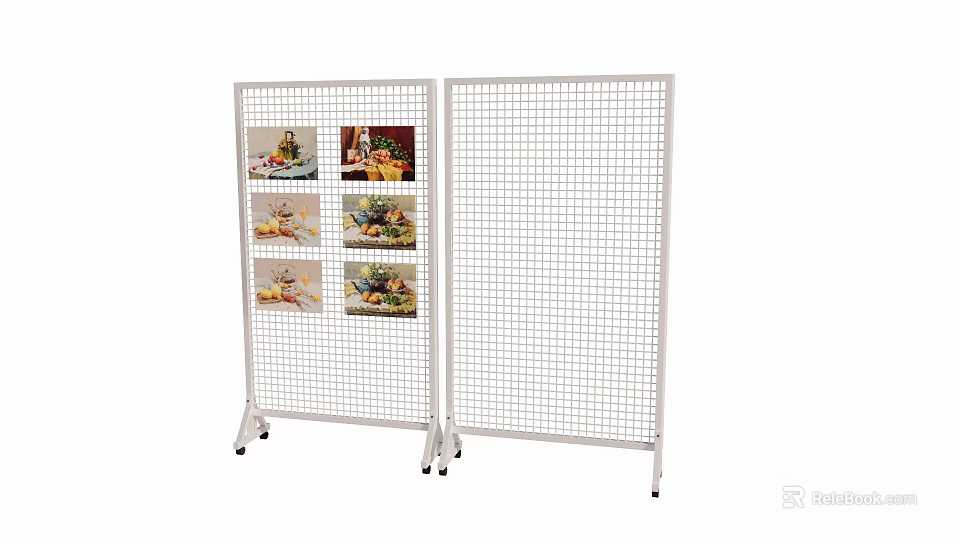 White Grid Display Rack With Wheels And Hanging Food 3d model