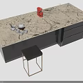 Modern Kitchen Island With Marble Countertop Black Cabinet Red Coffee Machine And Gold Frame Stool
