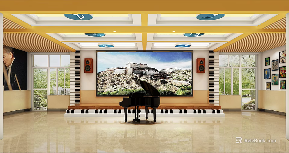 Kindergarten Interior With Piano Large Screen Decorative Painting Yellow Ceiling And Windows 3d model 
