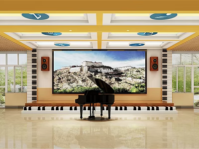 Kindergarten Interior With Piano Large Screen Decorative Painting Yellow Ceiling And Windows 3d model