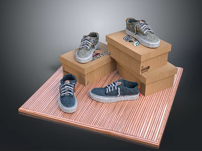Grey Casual Sneakers Displayed On Stacked Cardboard Boxes For Home Use 3d model