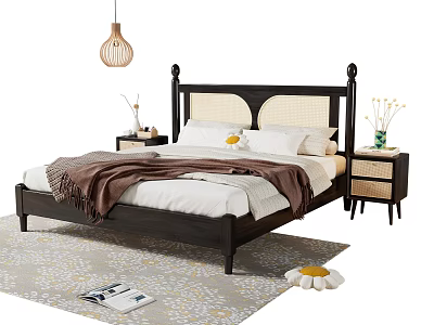 Modern Double Bed with Black and White Headboard Brown Blanket White Sheets and Nightstands Vases 3d model