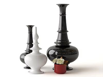 Decorative Ornament Set With Black Vases White Container And Red Plant Pot 3d model