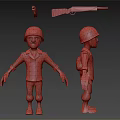 Cartoon Soldier Character In Military Uniform With Helmet Backpack And Red Accent Rifle