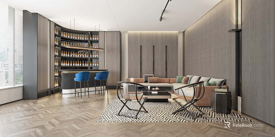 Modern Bar Area Interior Design With Blue Bar Stools Wine Racks Sofa And Geometric Rug 3d model 