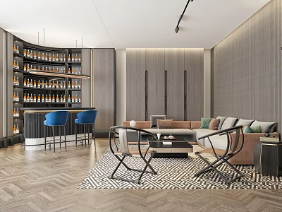 Modern Bar Area Interior Design With Blue Bar Stools Wine Racks Sofa And Geometric Rug 3d model