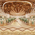 Luxurious Banquet Hall with Circular Ceiling Lighting Stage Floral Decorations and Table Setup