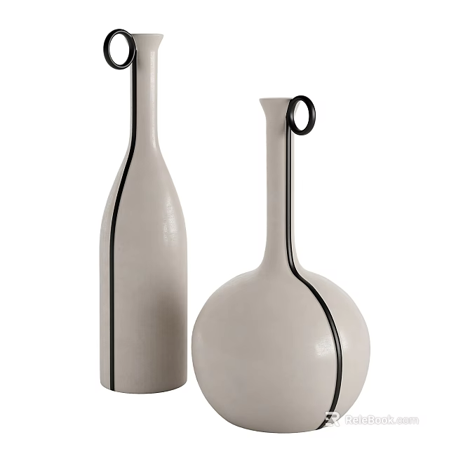 Modern Set of Two Ceramic Vases With Different Shapes Black Line Decorations And Loop Handles 3d model 