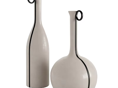 Modern Set of Two Ceramic Vases With Different Shapes Black Line Decorations And Loop Handles 3d model
