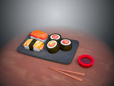 Fresh Salmon And Tuna Sushi On Black Stone Plate With Chopsticks And Red Sauce 3d model