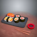Fresh Salmon And Tuna Sushi On Black Stone Plate With Chopsticks And Red Sauce