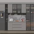 Modern Kitchen Wine Cabinet Design With Glass Doors Marble Countertop And Wine Bottles