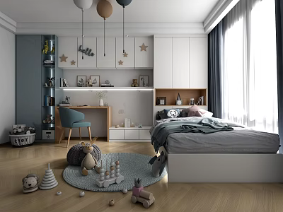 Kids Tatami Bedroom Interior With Study Desk Chair Toys Star Decorations And Soft Rug 3d model