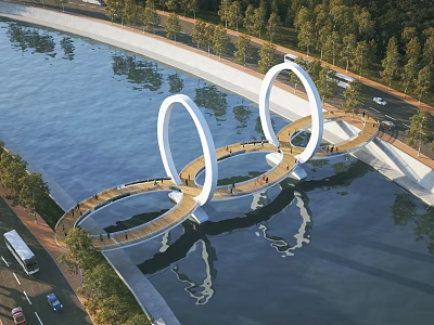 Unique Landscape Bridge With Double Circular Rings Wooden Deck Over Water And Green Trees 3d model