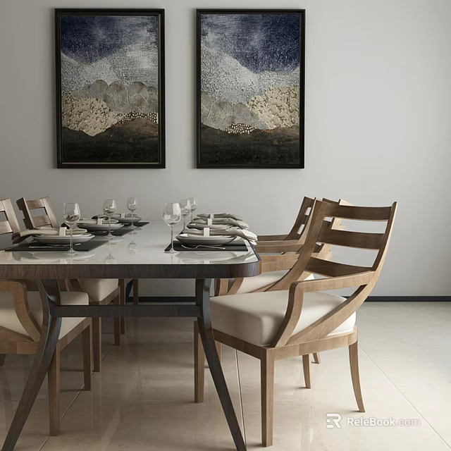 Modern Dining Table Set With Wooden Chairs Upholstered Seats Tableware And Wall Paintings 3d model 