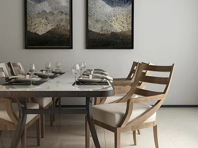 Modern Dining Table Set With Wooden Chairs Upholstered Seats Tableware And Wall Paintings 3d model