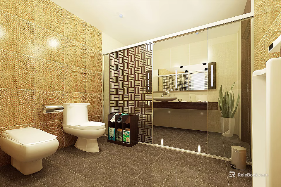 Modern Public Restroom With Yellow Tiles Glass Shower Partition Two Toilets Washbasin and Green Plant 3d model 