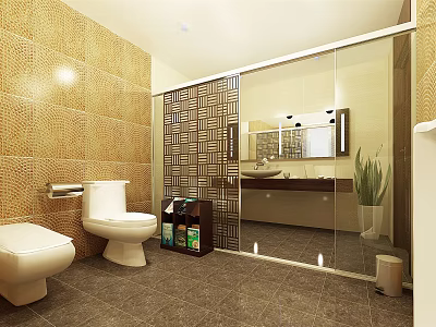 Modern Public Restroom With Yellow Tiles Glass Shower Partition Two Toilets Washbasin and Green Plant 3d model