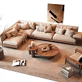 Modern Beige L Shaped Sofa and Wooden Coffee Table Set with Pillows and Decorative Rug