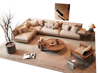 Modern Beige L Shaped Sofa and Wooden Coffee Table Set with Pillows and Decorative Rug 3d model