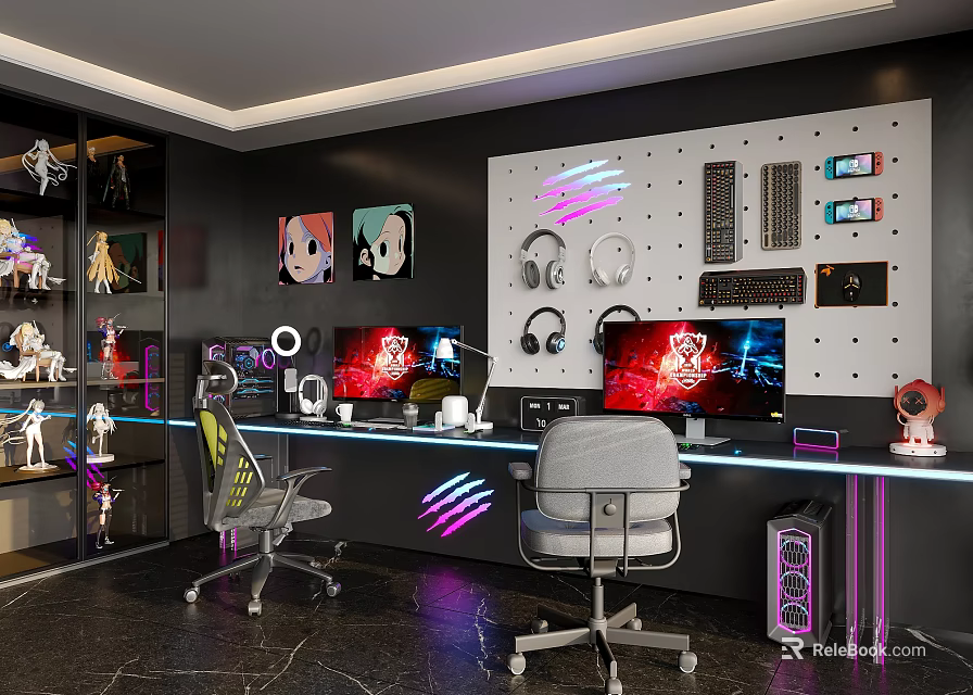 Modern Gaming Room Setup With Dual Monitors Pegboard Peripherals RGB Lighting And Figurines 3d model 