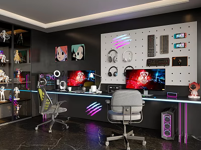Modern Gaming Room Setup With Dual Monitors Pegboard Peripherals RGB Lighting And Figurines 3d model