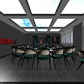 Elegant Private Dining Box Interior Featuring Blue Wall Crane Pine Pattern Round Table Green Chairs 3d model