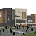 Modern Commercial Street With Modern Buildings Storefronts Shops Trees And Cars