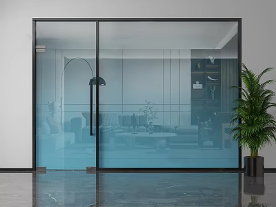 Modern Sliding Glass Partition With Black Frame In Living Room Interior 3d model