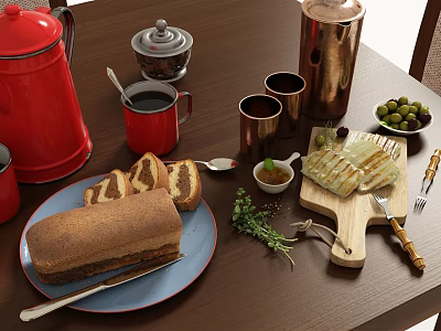 Fresh Homemade Bread and Grilled Food on Wooden Table with Olives Coffee Cups and Herbs 3d model