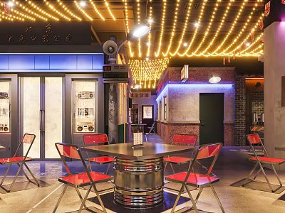 Stylish Restaurant Interior With Red Chairs Metal Round Tables And Neon Light Decorations 3d model