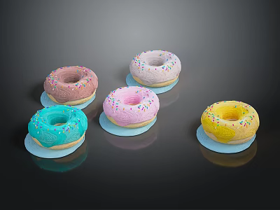 Colorful Sprinkled Donuts On Small Plates With Vibrant Frosting And Pastel Hues 3d model