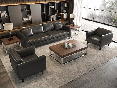 Modern Black Leather Sofa and Wooden Coffee Table Set With Armchairs in Living Room 3d model