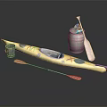 Outdoor Yellow Kayak Setup With Wooden Barrel Small Red Flag Cup And Two Paddles