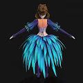 Elegant Woman In Blue Purple Feather Skirt With Corset And Long Sleeves Design