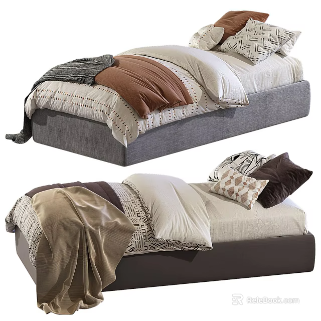 Cozy Single Bed Designs With Gray Brown Frames Bedding Pillows And Blankets 3d model 