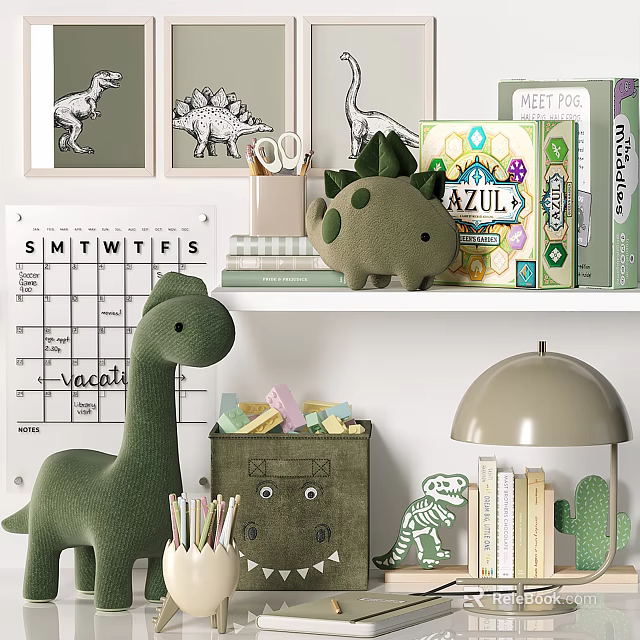 Green Dinosaur Plush Doll On Shelf With Books Calendar Storage Box And Lamp 3d model 