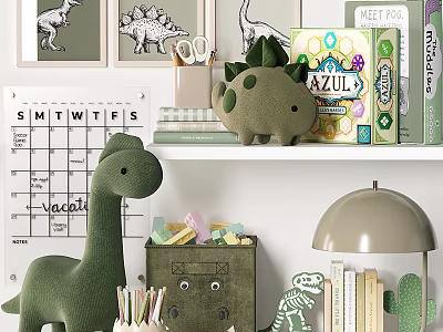 Green Dinosaur Plush Doll On Shelf With Books Calendar Storage Box And Lamp 3d model