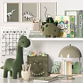 Green Dinosaur Plush Doll On Shelf With Books Calendar Storage Box And Lamp
