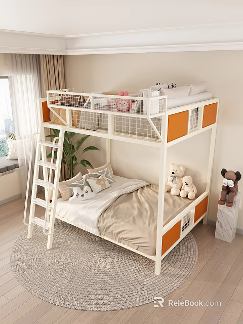 Stylish White And Orange Bunk Bed Design With Ladder Stuffed Toys And Storage For Kids Room 3d model 